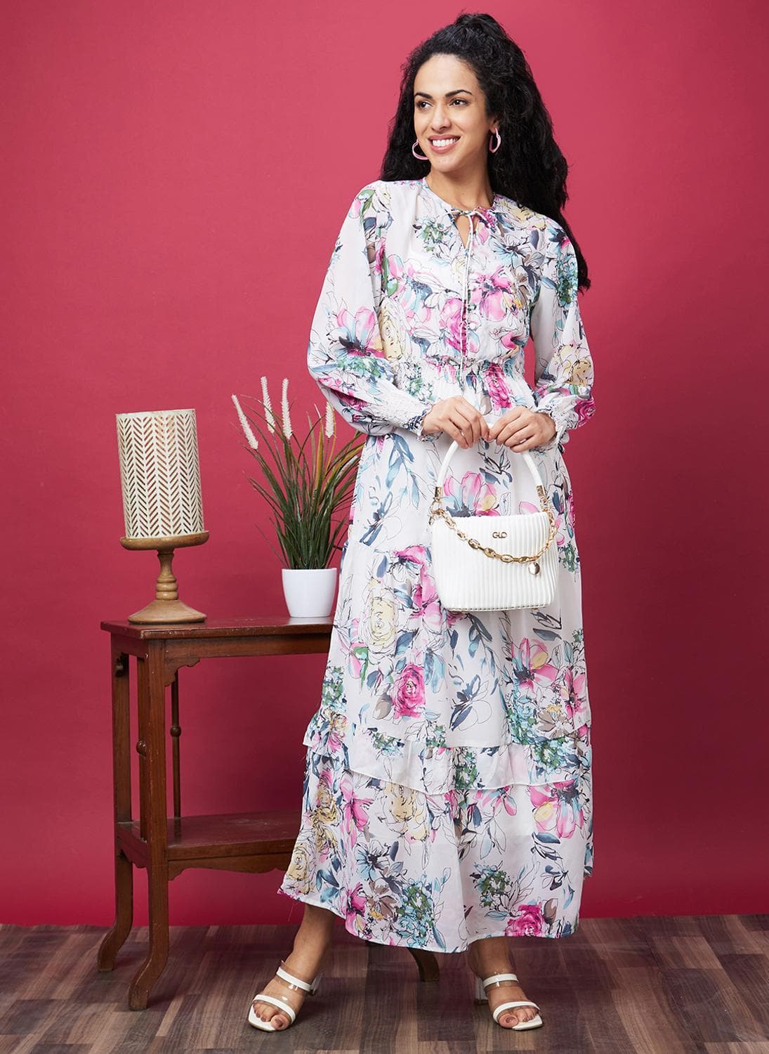 Globus Women Floral Printed Tie-Up Neck Puff Sleeves Smocked Detail Maxi Dress