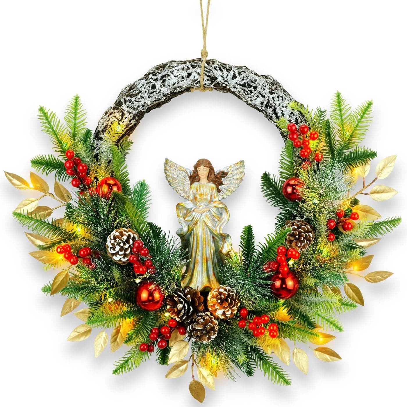 YULETIME 24 Angel Christmas Wreath Artificial Holiday Wreath with Resin Angel Statue Natural Rattan Ring Pine Cones Golden Leaves Red Baubles Spruce Branches Snowy Pine Needles