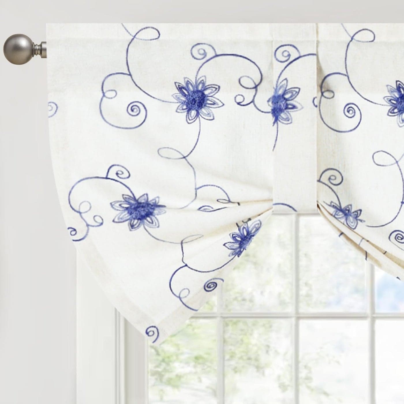 VOGOL Adjustable TieUp Valance Curtain Blue Floral Embroidered Rod Pocket Window Treatment for Kitchen Bathroom Cafe 52x18 Inches