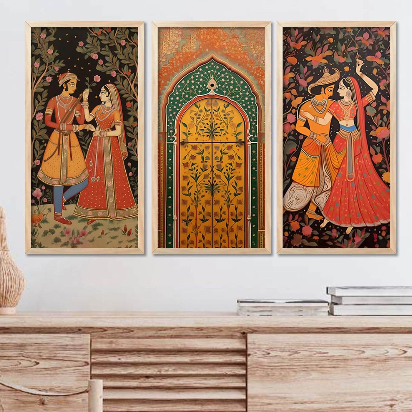 kotart Traditional Art Home Decoration Painting Indian Madhubani Paintings With Frame For Living Room Bed Room Hotel Wall Decor Digital Reprint Engineered Wood Set of 3 10x19 inch B H