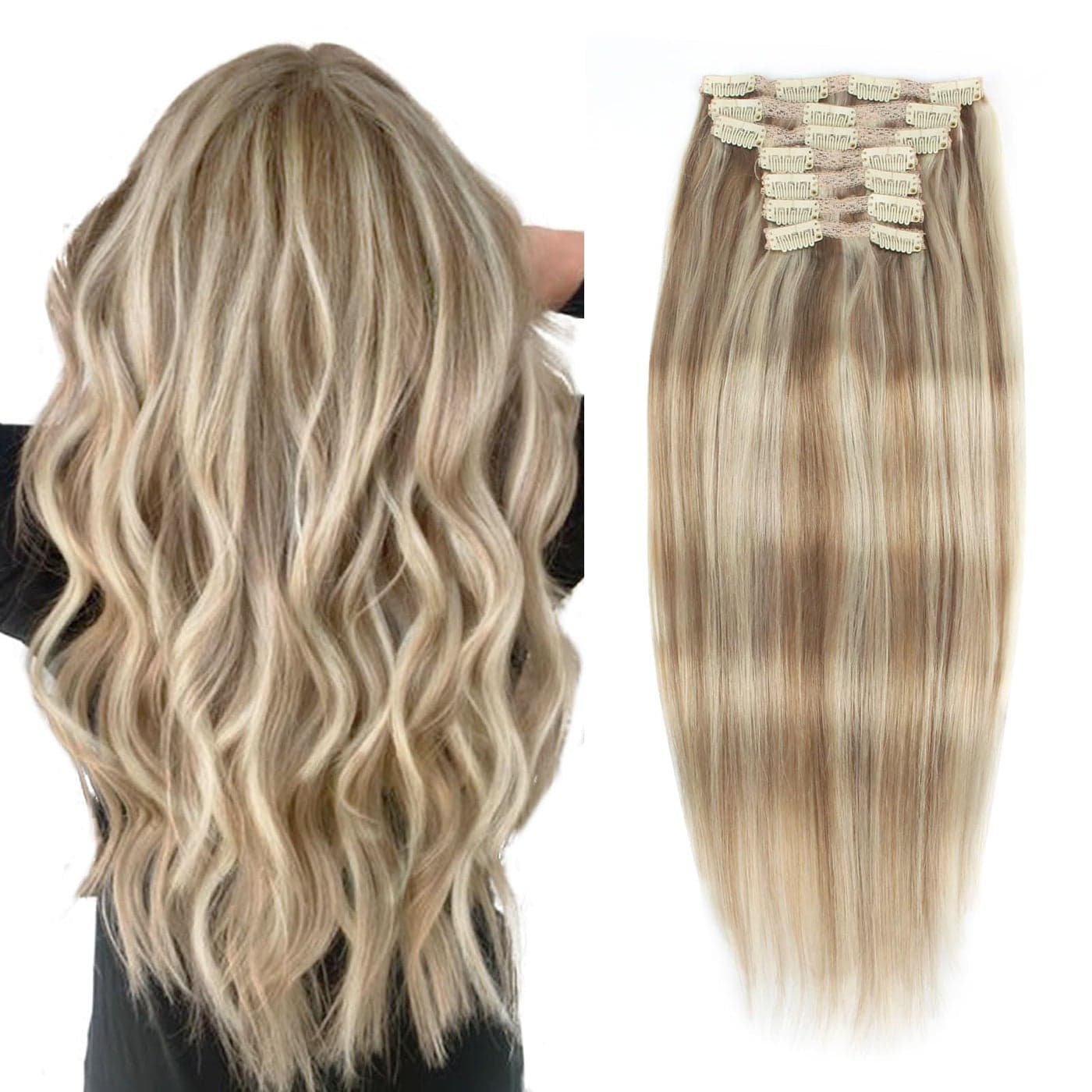 Lovrio 9A Grade 120g 16 inch Clip in Human Hair Extensions Piano Color Ash BrownLight Chestnut Brown Fading to Platinum Ash Blonde P860 Double Weft Remy Hair Make Full Head 7 pieces 18 clips