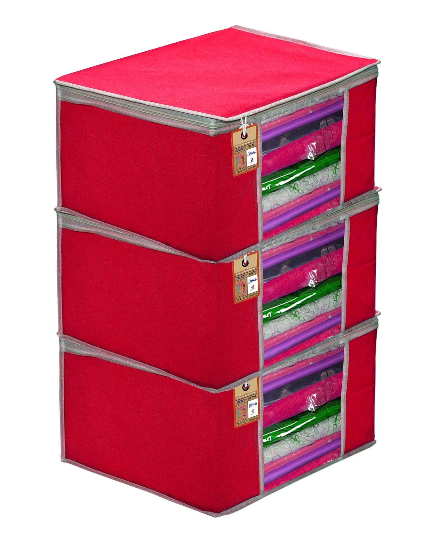 atorakushon® Fabric Pink Garment Storage Bags Wardrobe Organizer for Clothes Storage Box Saree Cover (Pack of 3)