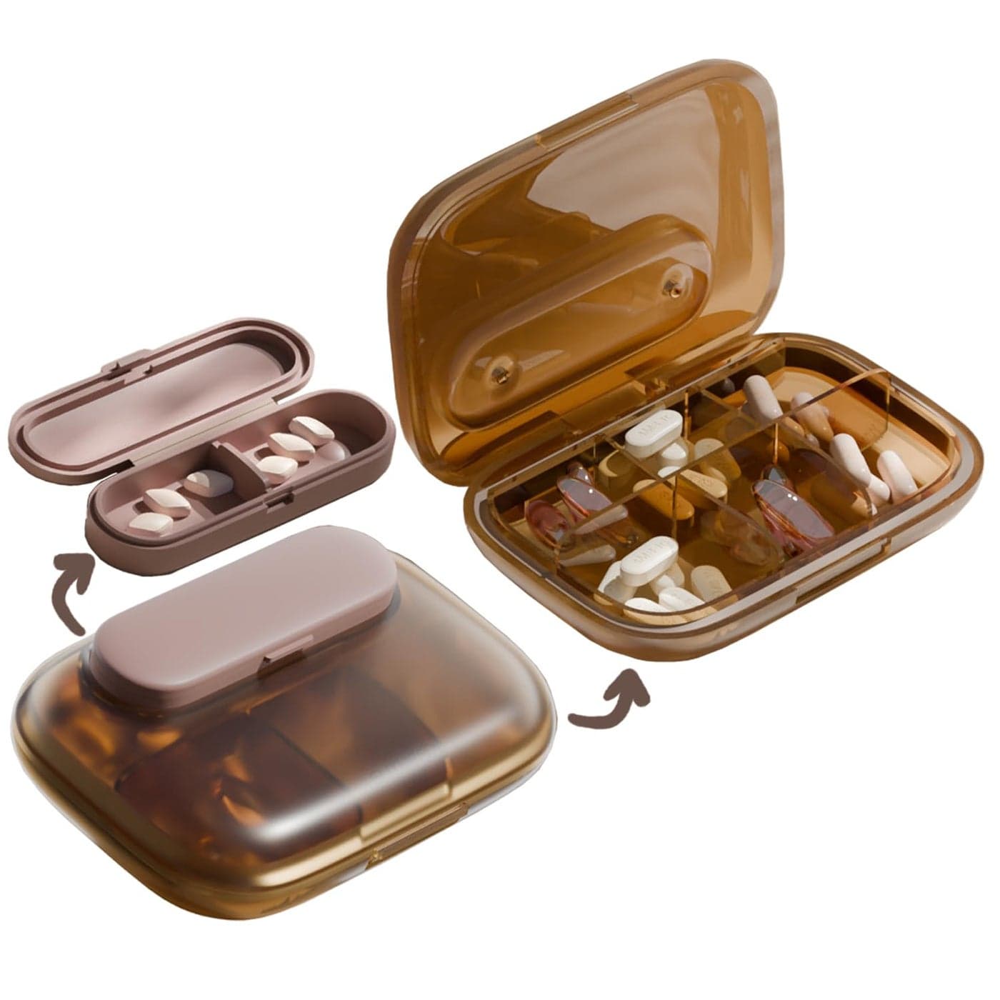 MURRIMURRDI Travel Pill Organizer 6 Compartments Small Pill Container Daily Pill Box to Hold Vitamins Portable Pill Case for Pocket Purse Medicine Organizer Detachable G Coffee