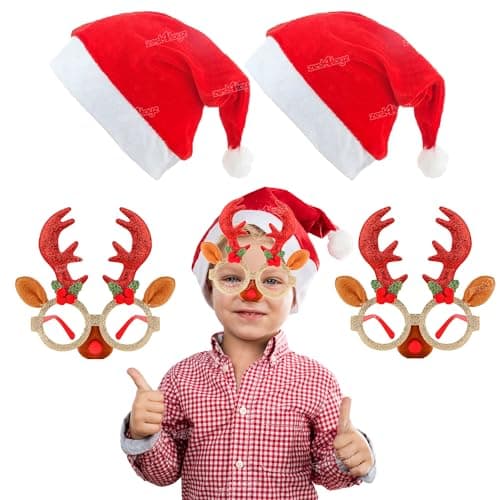 Zest 4 Toyz Christmas Santa Cap and Reindeer Antler Goggles Combo with 2 Santa Hats and 2 Reindeer Antler Goggles Festive Accessories Set for Kids and Adults (Pack of 4)