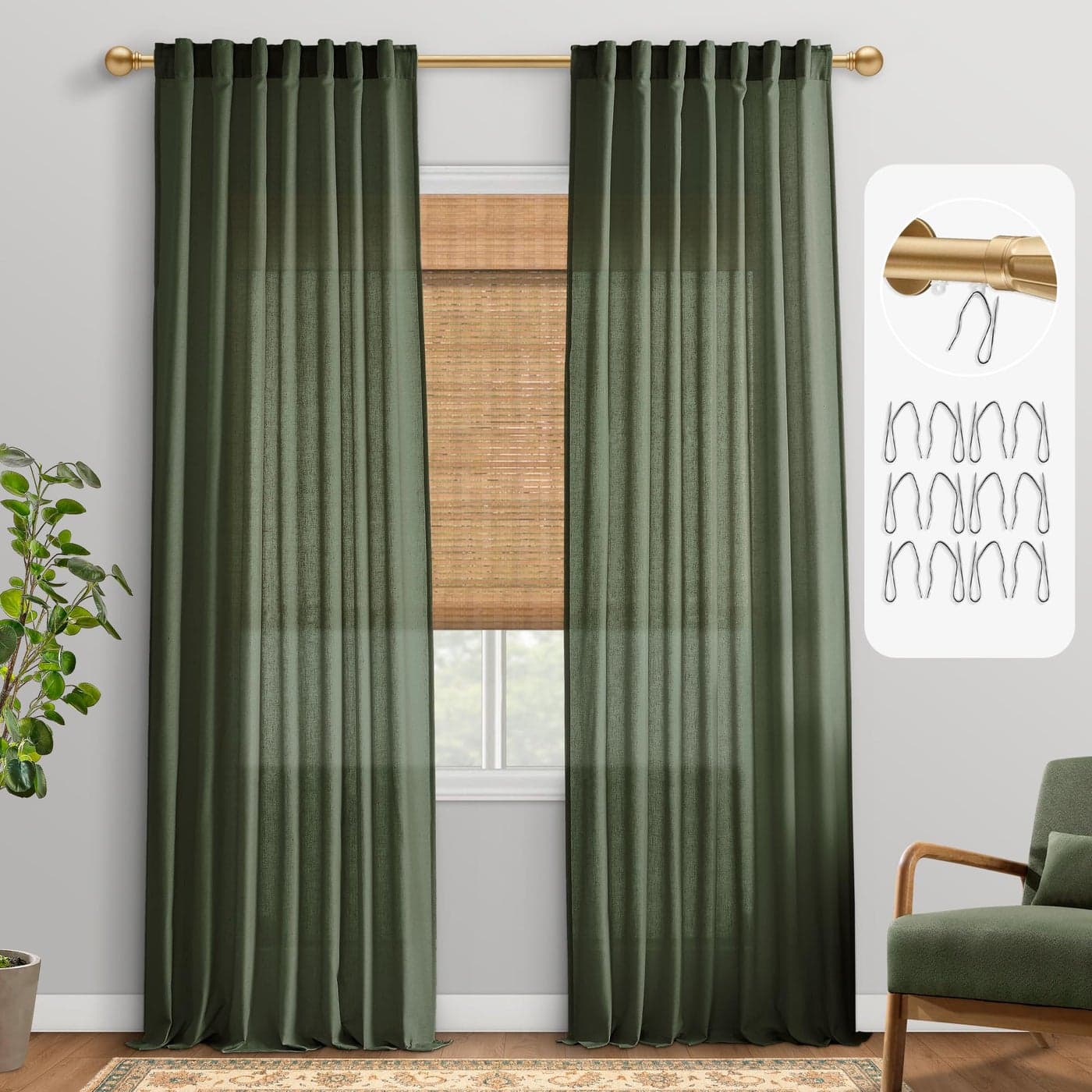 PANELSBURG Olive Green Semi Sheer Bay Window Living Room Curtains 84 Inches LongBack Tab Hook Belt Boho 84 Inch Sheer Curtains 2 Panel SetMoss Green Aesthetic Neutral Decor