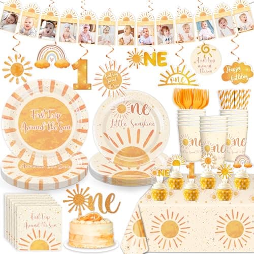 cocomigo Boho First Trip Around The Sun Decorations, with Cake Topper, 25 Serves Sunshine Disposable Tableware Set, Banner Plates Napkins Cup Table Cloth, for 1st Trip Around The Sun Birthday Girl