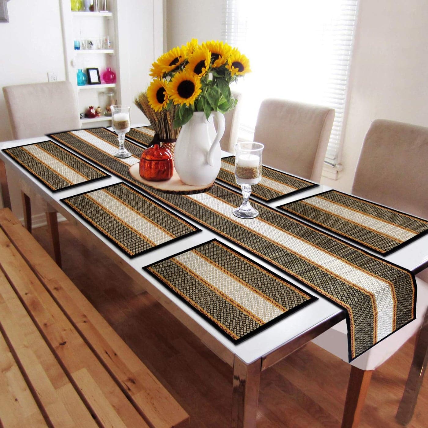 HOKIPO ® Natural Handcrafted Madurkathi Dining Table Runner 6 Seater with Mats (Black)