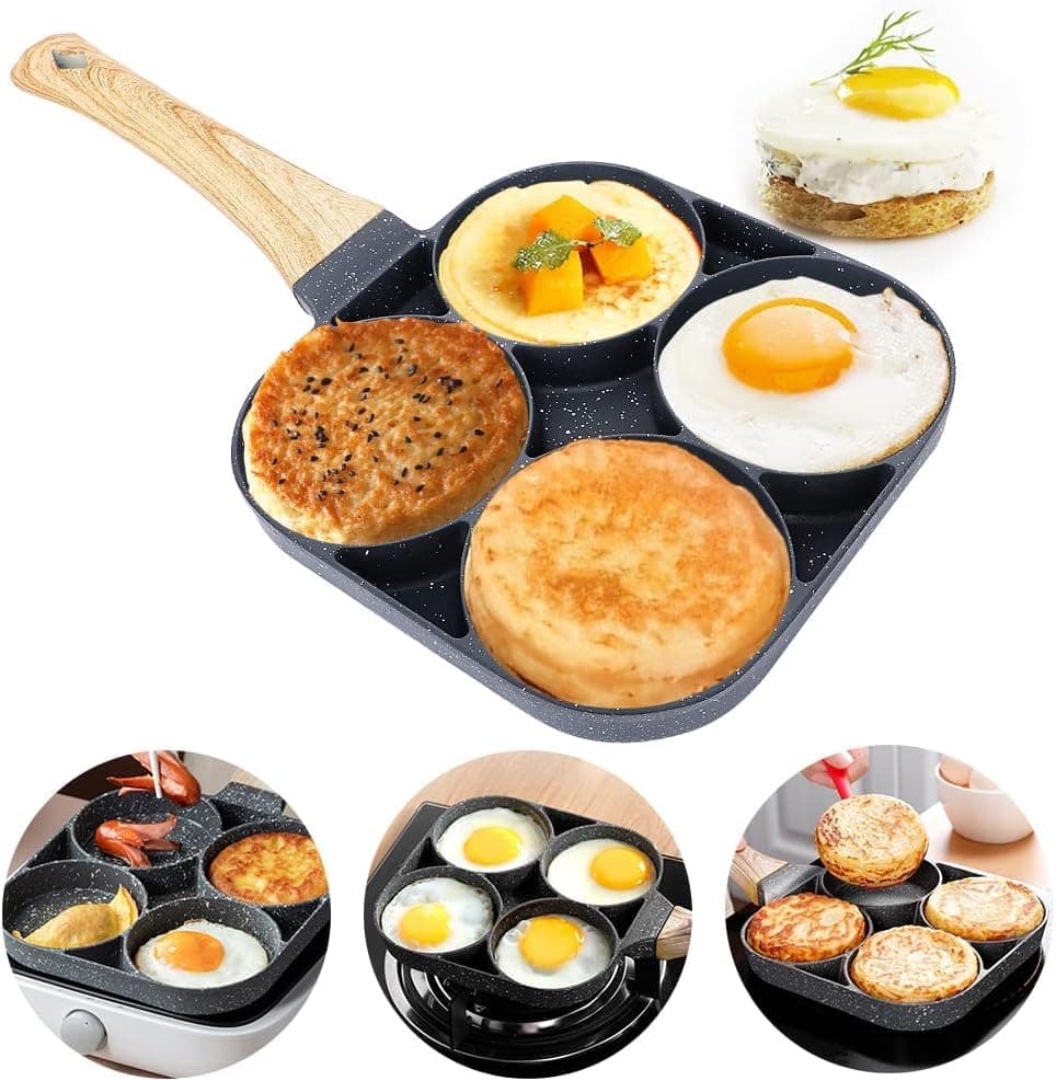 PRAMANTA 4Hole NonStick Frypan Egg Frying Pan Omlette Pan Mini Omlette Fry Pan Mini Uttapam PanPancake Pan for Kids Breakfast Snack Home Outdoor Camping 1Pcs