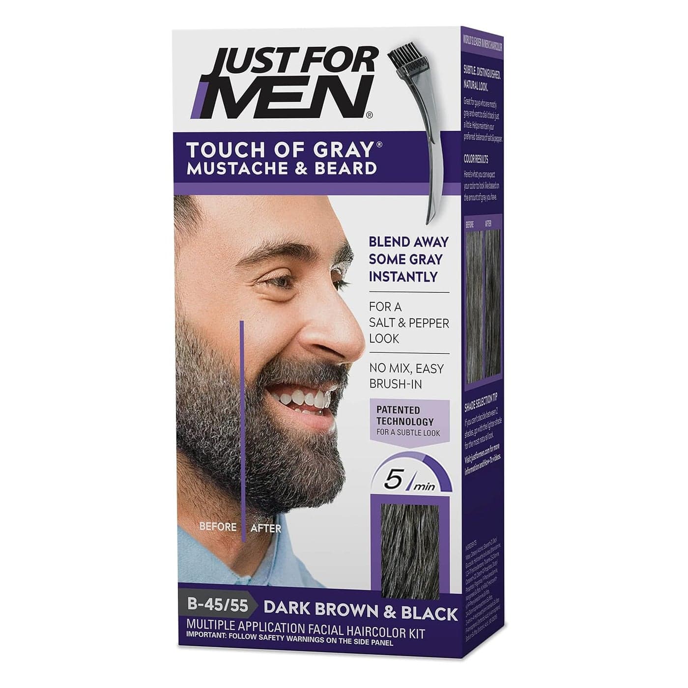 Just For Men Touch of Gray Mustache Beard Beard Coloring for Gray Hair with Brush Included for Easy Application Great for a Salt and Pepper Look Dark Brown Black B4555 Pack of 1