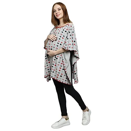Awwni Stylish Heart Print Shawl for Women's Pregnancy Maternity Feeding T-Shirt, Nursing Top Round Neck Breastfeeding Shawl New Born Baby Gift for Pregnant Women (Grey, Free Size)