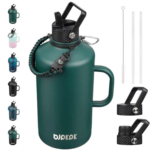BJPKPK 1 Gallon Water Bottle Insulated with Straw Lid, 128oz Large, Stainless Steel Water Bottles with 3 Lids and Paracord Strap, Double Wall Vacuum Metal Water Jug,Army Green