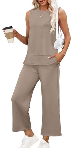 XIEERDUO 2 Piece Outfits for Women Summer Fashion Travel Lounge Set Sleeveless Tracksuit Cruise Loungewear Women's Spring Airport Jumpsuit Vacation Clothes Khaki L