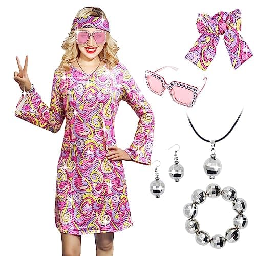 MRYUWB 70s Women Disco Dress Hippie Costumes Necklace Earrings Glasses, 60's 70's Birthday Outfits, 1970s Prom Bling Dress (Bling Pink, XX-Large)
