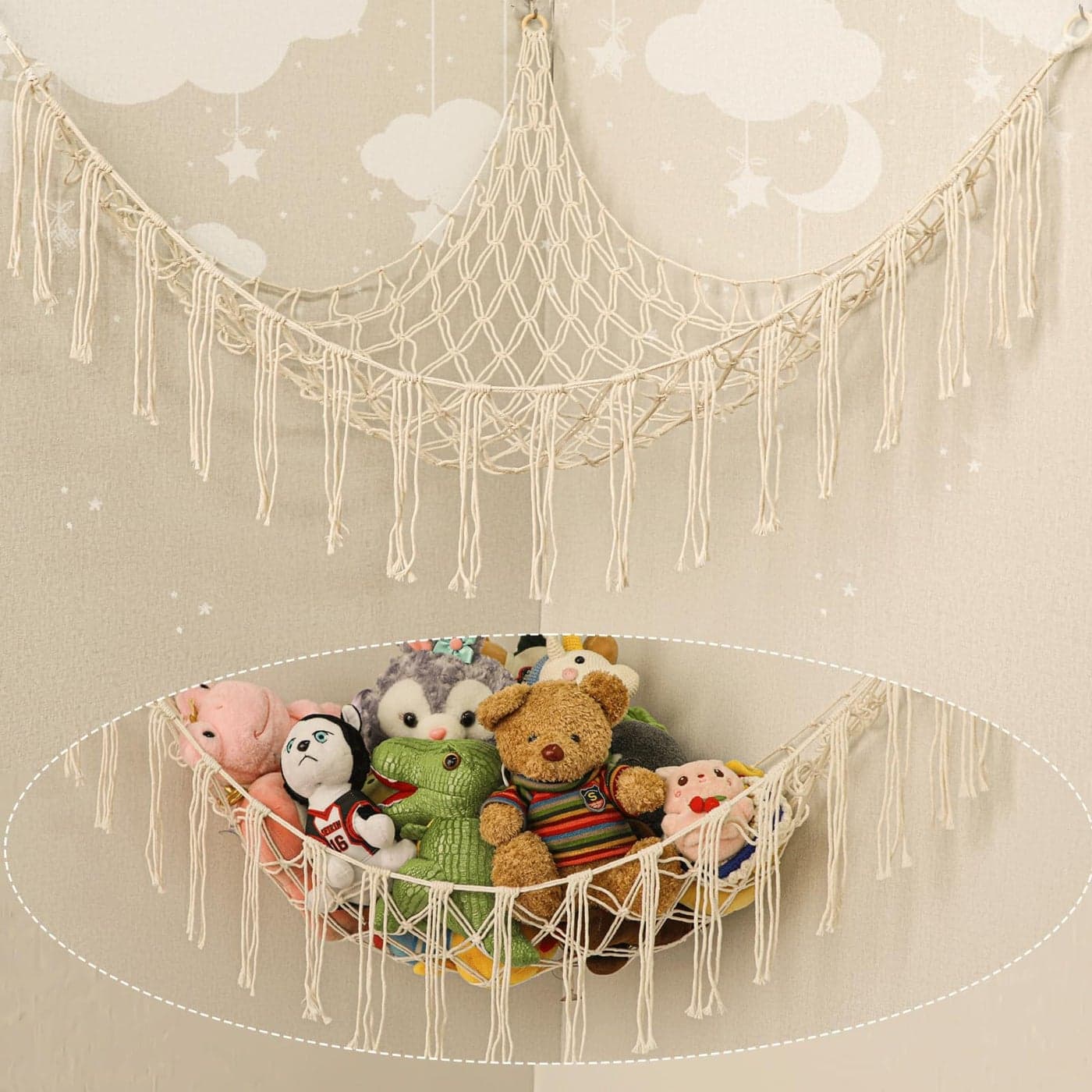 Stuffed Animal Hammock Corner HandKnitted Large Plushie Net Toy Hammock with Wooden Rings Boho Cute Stuff Animal Storage for Nursery Bedroom Mesh Kids Toy Organizer Holder Nursery Room Decor