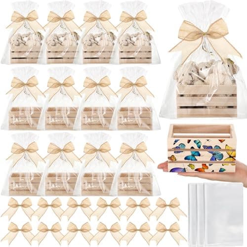 GlikCeil 12 Pcs Easter Gift Basket Empty Kit Small Wood Crates Unfinished Wooden Storage Box 12 Bows 12 Clear Treat Bags for Halloween, Thanksgiving, Christmas Craft Gift Basket Home Decor(Wood Color)