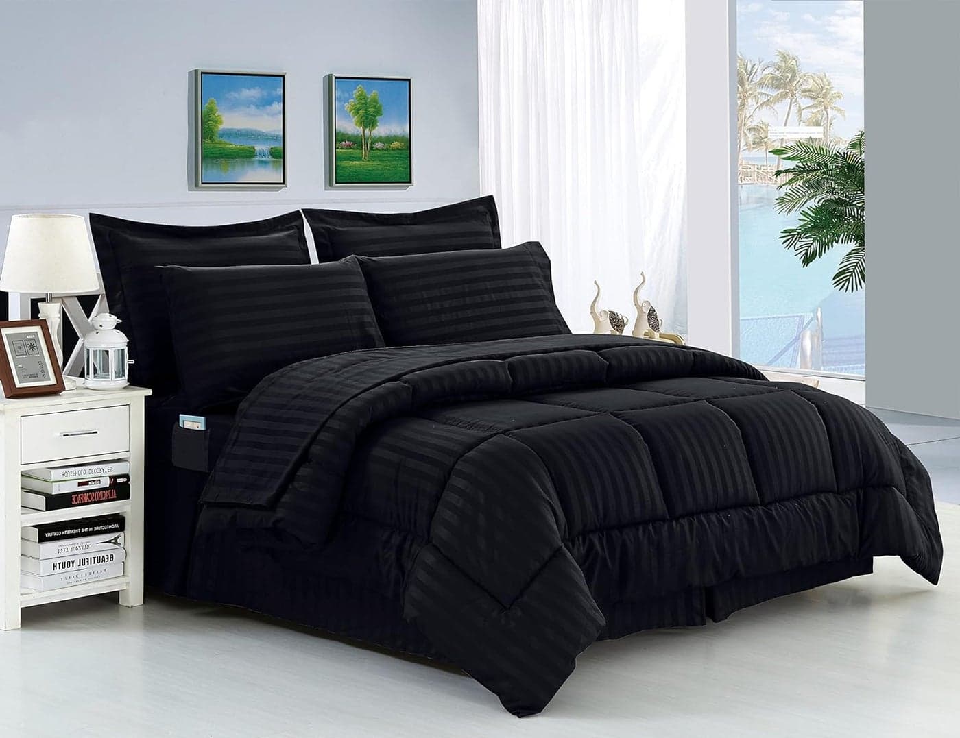 Elegant Comfort Wrinkle Resistant Silky Soft Dobby Stripe BedinaBag 8Piece Comforter Set FullQueen Black