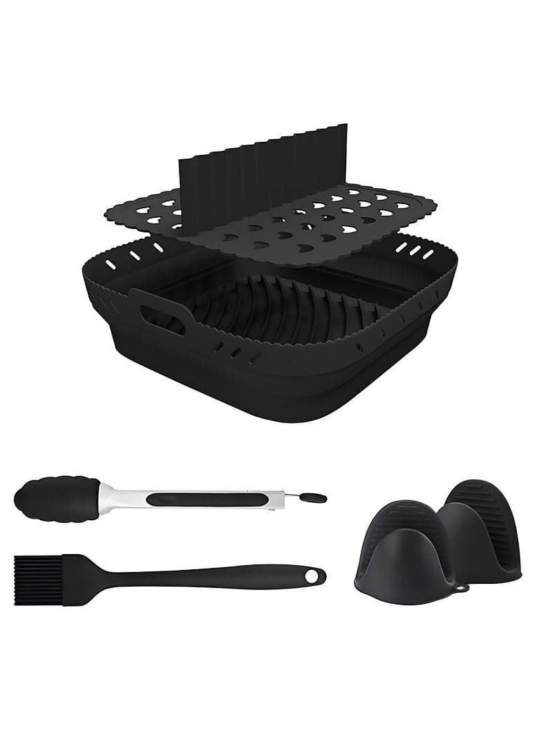 8.5-Inch Air Fryer Silicone Mat Set Square Baking Pan + Oil Brush + Food Tongs Food-Grade Non-Stick High-Temperature Accessories