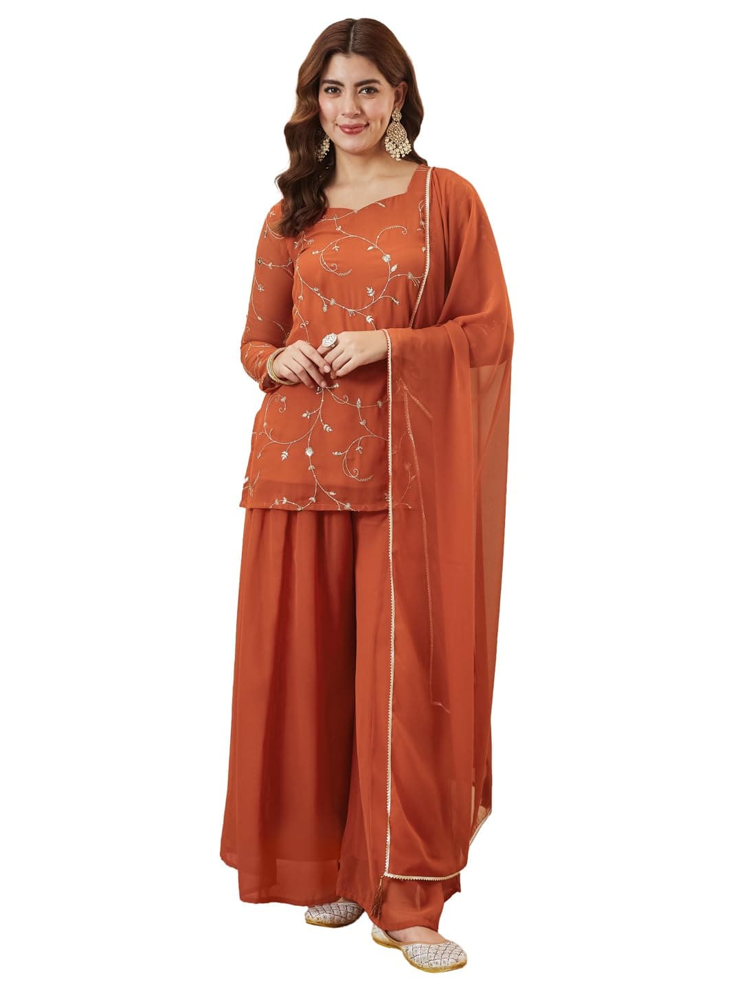 MOKOSH Orange Color Georgette Embroidered Short Kurti with Plazzo and Dupatta for Women | Ethnic Suit Sets for Haldi and Wedding