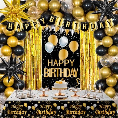Black and Gold Birthday Decorations for Men Women Happy Birthday Decorations for Boys Gold and Black Party Decorations Door Banner Balloons Tablecloth Foil Backdrop Star Balloons Bday Party Decor