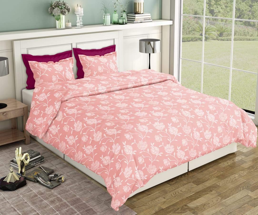 Divine Overseas 100% Pure Cotton Designer Printed Double Bed Sheet Set (Blissence) 1 Bed Sheet +2 Pillow Cover (Double, Peach Rose)