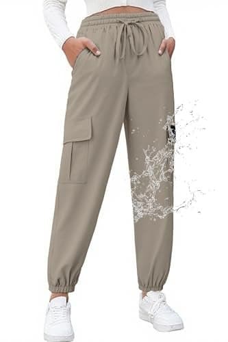 SANGTREE Womens Cargo Jogger Pants,Lightweight High Waist Water Outdoor Hiking Joggers with Pockets Hunting Track Sporty Travel,Quick Dry-Light Brown,XL