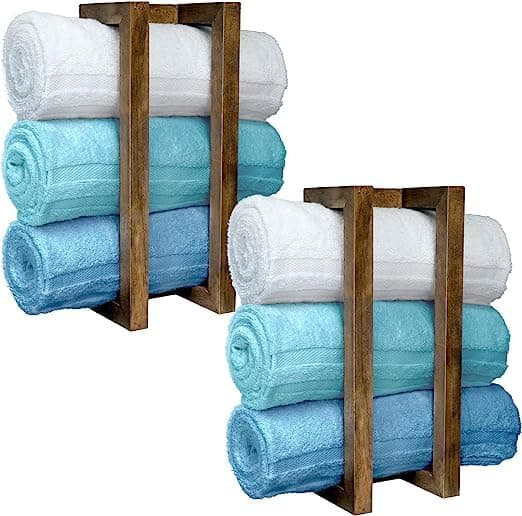 ODEJIA Wooden Towel Rack for Bathroom, 18.8 Inch Wall Mounted Towel Holder with Installation Tool, Decorative Pine Towel Shelf for Rolled Towels Organizer & Blanket Storage (Light Walnut)