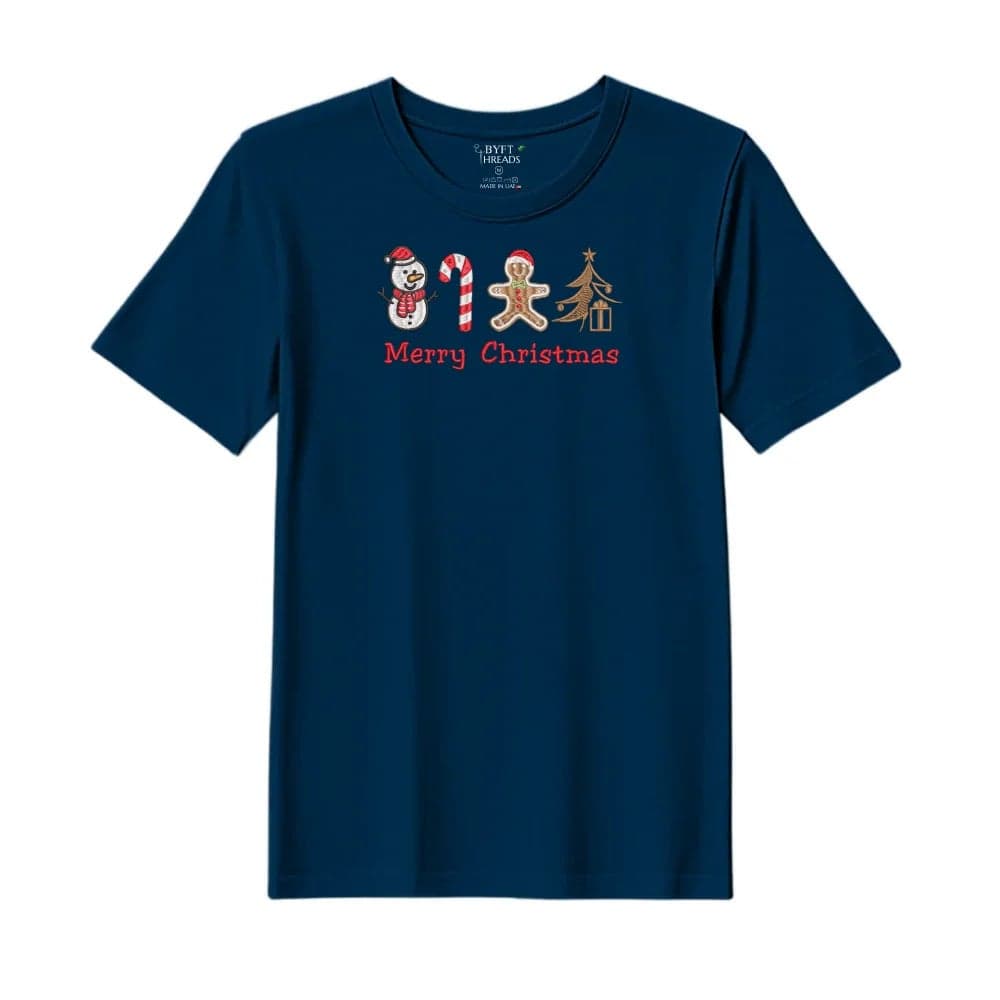Threads Medium Navy Blue Polycotton T-Shirt - Christmas "Merry Christmas Icons (Snowman + Candy Cane + Gingerbread + Tree)" Embroidered Design, Premium Holiday Collection