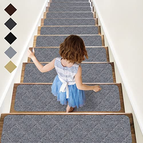 RIOLAND Stair Treads Carpet Non-Slip Indoor 15 PCS Wood Stair Treads Rugs Anti Moving Modern Stair Runners Safety for Kids Dogs, 8" X 30", Diamond Light Gray