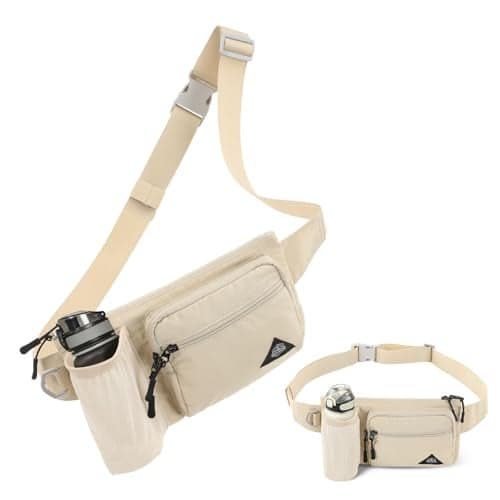 OCE GEAR Waist Pack with Water Bottle Holder for Men Women Waist Bag Running Waist Pack Waterproof for Outdoor Travel Cycling Climbing Walking Fit All Phones Bottle Not Included Beige