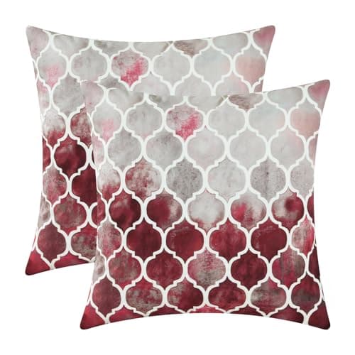 CaliTime Throw Pillow Covers Pack of 2 Cozy Colorful Geometric Trellis Chain Accents Manual Hand Painted Decorative Cushion Cases for Couch Bed Sofa Farmhouse 22 X 22 Inches Main Grey Red Burgundy