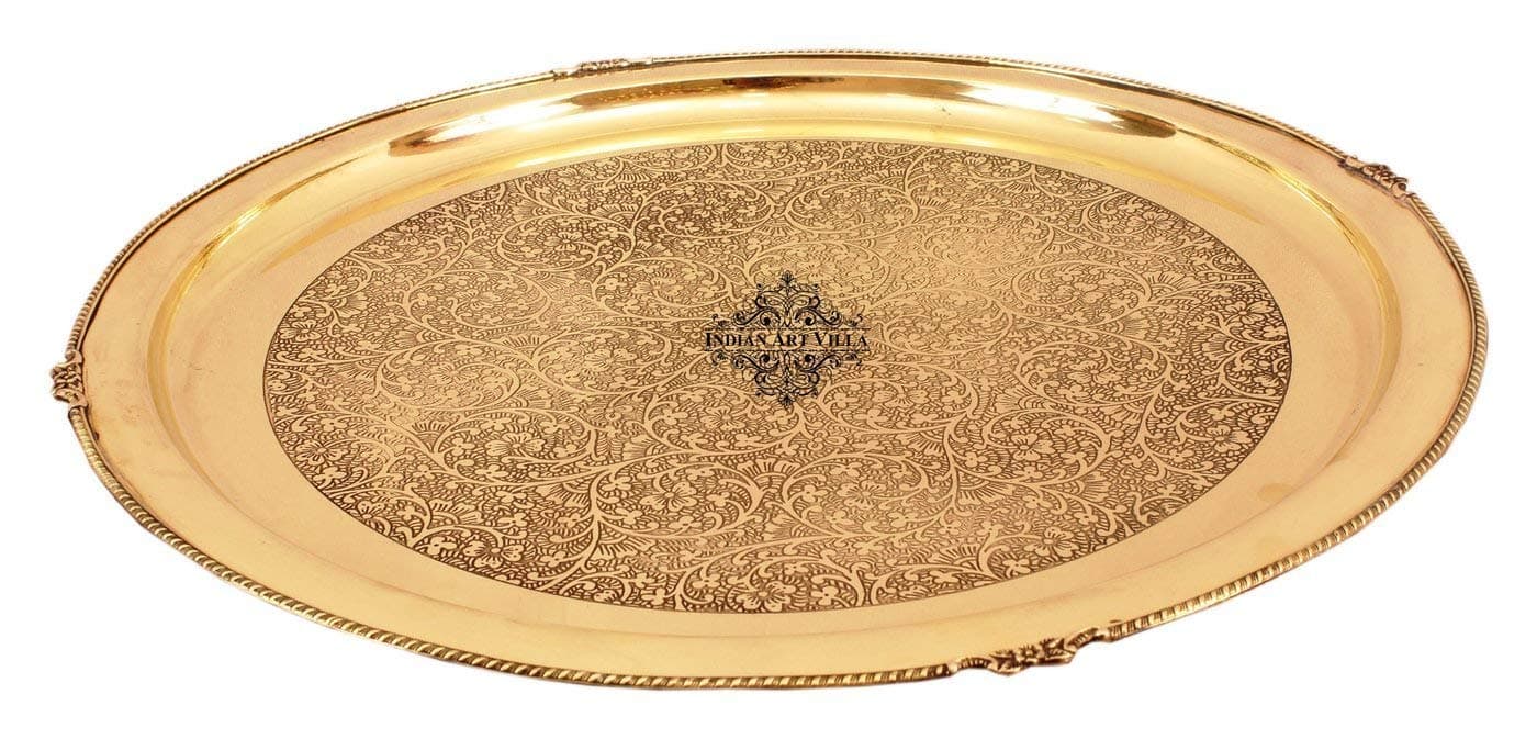 INDIAN ART VILLA 20" Shining Beautiful Flower Design Brass Plate Thali - Dinnerware Decorative Gift Item Tableware