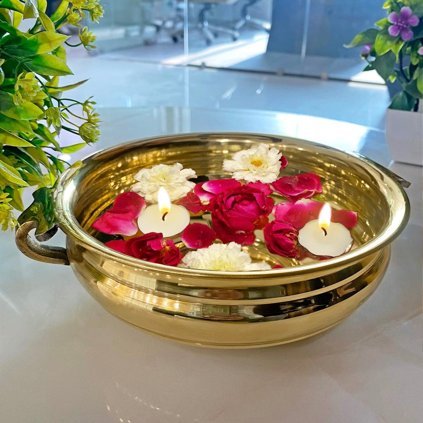 Craftsman SATVIK Decorative 96 Inch 8 Inner Dia Brass Urli For Floating Candles and Flowers Designer Bowl For Living Room Decoration urli