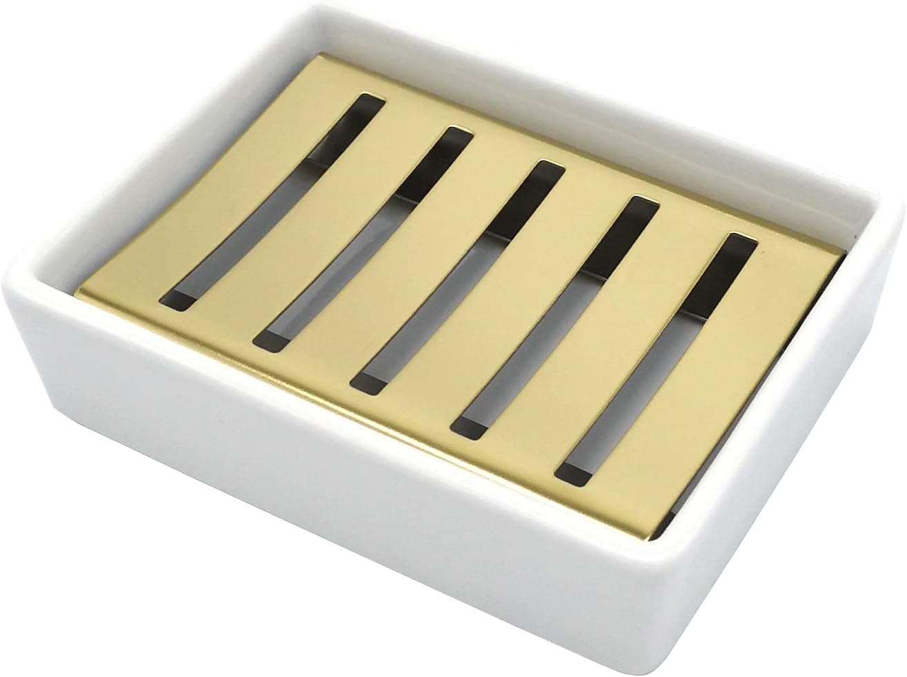 Lofekea Ceramic Soap Dish Gold Stainless Steel Soap Holder for Shower and Bathroom Double Layer Draining Soap Box