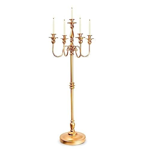 LANLONG Gold Candelabra for Wedding Event Decor, 50'' Tall Floor Candle Holders, 1Pc Metal 5 Arm Candelabra Candle Holder Centerpiece for 5 Candlesticks Party Wedding Aisle Home Decor