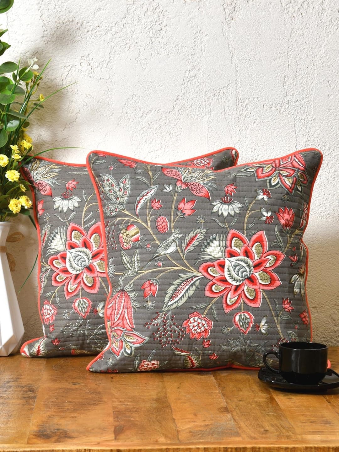 Clasiko Cotton 300 TC Cushion Covers Set of 2; 12X12 Inches; Pink Flowers
