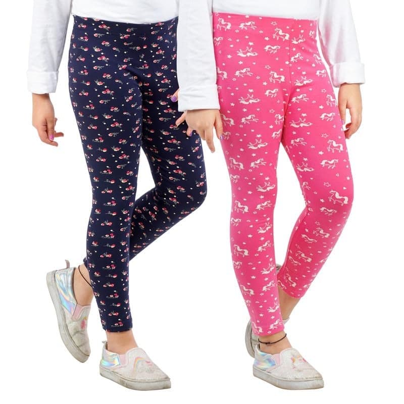 ARIEL Girls Cotton Printed Non-Transparent Regular Fit Ankle Length Mid Rise Leggings(AR-G-Leg-P2-1112-(Pink Uni,Blue)_Multicolor_1112 Years)