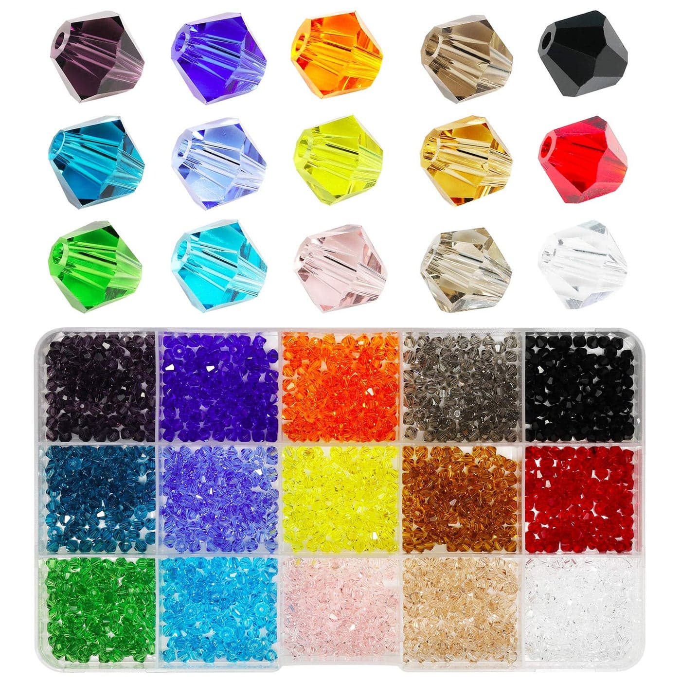 Wholesale 4mm Bicone Faceted Crystal Glass Beads for Jewelry Making DIY Craft Beads for Necklace 15 Colors Mix Lot in Box Total 1500pcs