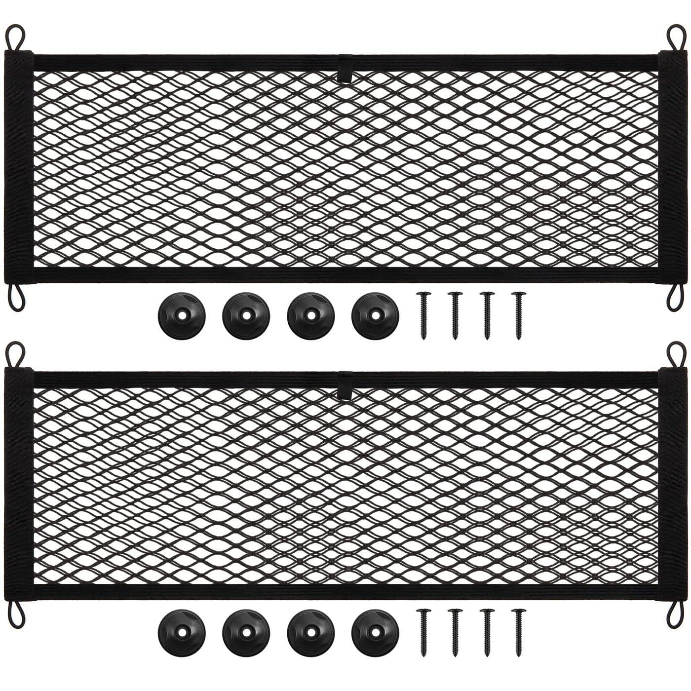 Frienda 2 Pieces Stretchable Small Cargo Net Pocket Storage Mesh Net Elastic Automotive Storage Pouch with 8 Pieces Mounting Screws and Hooks for Truck Car SUV Boats29 x 98 Inches