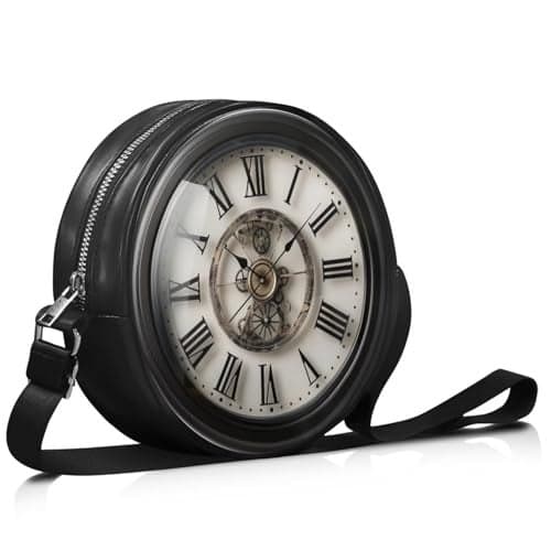 Salabomia Round Crossbody Handbag for Women, Clock Print Circle Small Purse Lighweigth Shoulder Handbag with Adjustable Strap Worn on Shoulder or Waist, White and Black
