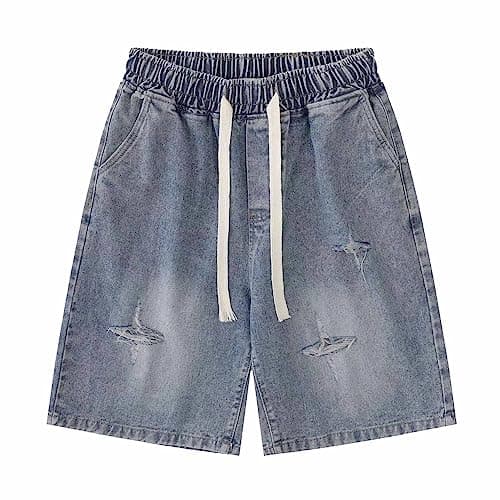 POHADON Y2K Blue Denim Shorts Summer Casual Loose Straight Leg Unisex Baggy Jeans Shorts Jorts Grunge Harajuku Streetwear (Blue,XL)