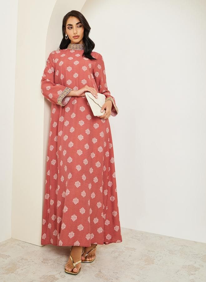 Women Stand Collar Printed Jalabiya With Lace Trim