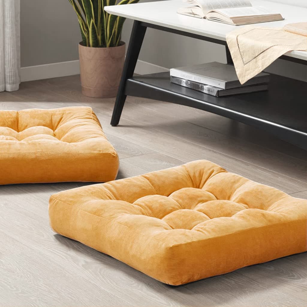 Degrees of Comfort Meditation Floor Pillow Set of 2 Square Large Pillows Seating for Adults Tufted Corduroy Cushions for Balcony Outdoor Tatami Living Room Orange Yellow 22x22