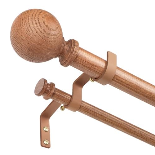 TANGWIN Wood Double Curtain Rods for Windows 36 to 88:Boho Wooden Double Rod Curtain Rods for Farmhouse Livingroom Bedroom 1Inch Heavy Duty Adjustable Dual Curtain Rod Decorative Imitation Wood Grain