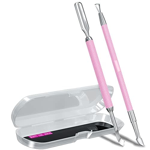 2PCS Metal Mauve/Pink Purple Cuticle Pusher and Cutter Remover Salon Quality Stainless Steel Gel Nail Polish Peeler Scraper Durable Manicure and Pedicure Cleaner Tool For Fingernail and Toenail