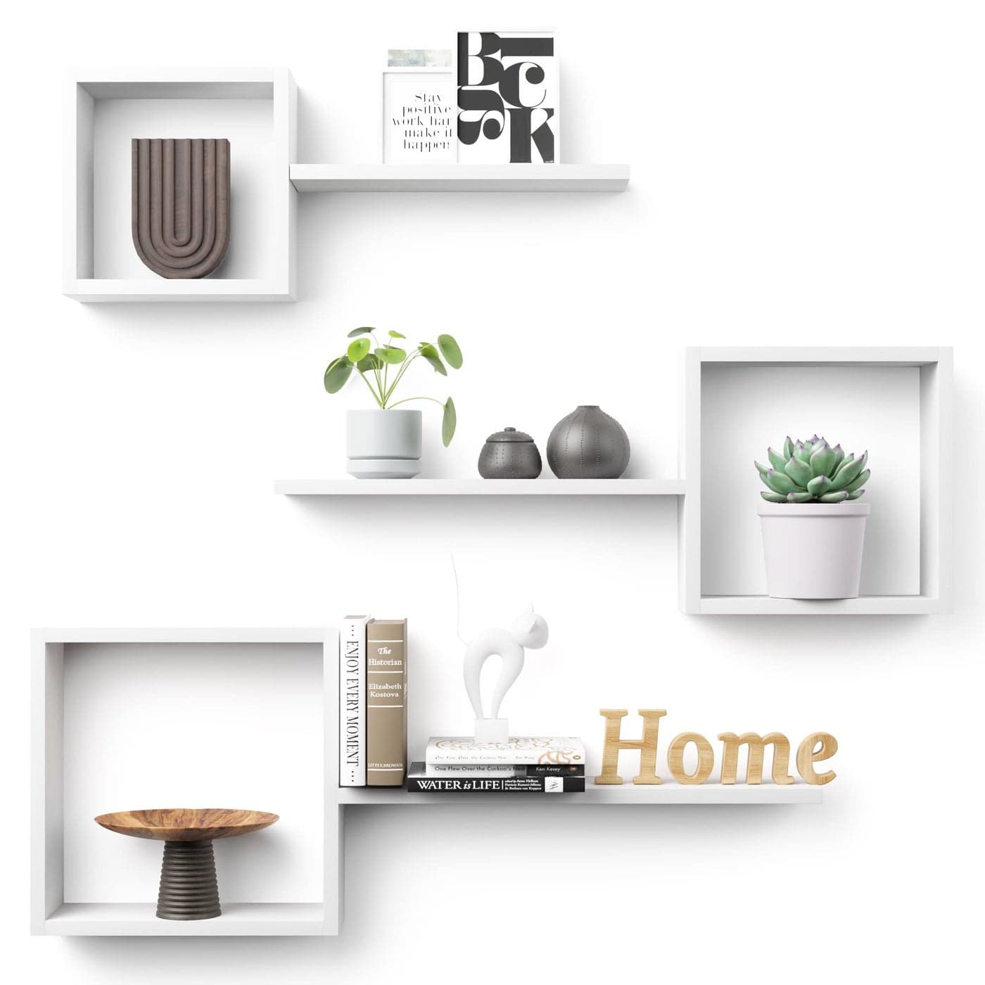 Wooden Square Floating Shelves Wall Mount Set of 6 Cube Shelves Geometric Wall Decor Floating Box Shelves for Bedroom Living Room Bathroom Kitchen Office White