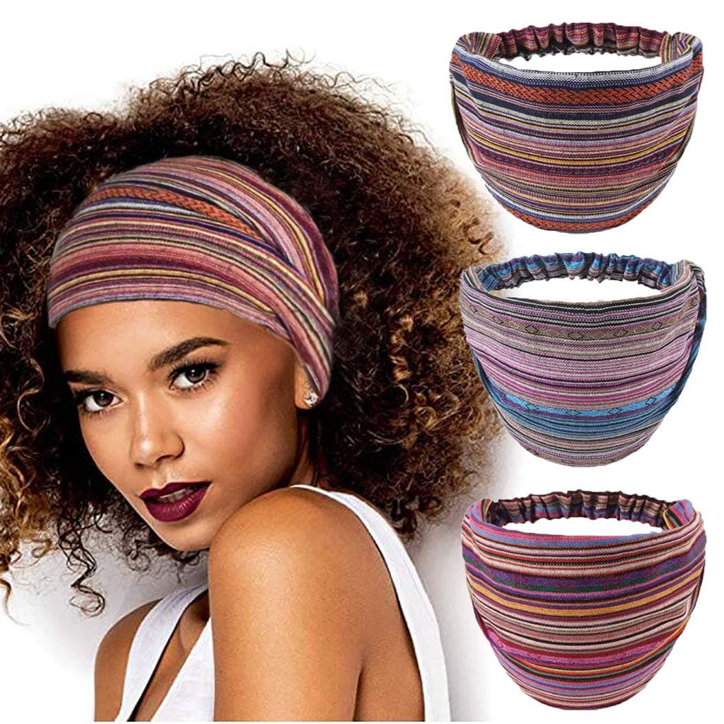 CAKURE Boho Wide Headbands African Head Wraps Stretchy Hairbands Stripe Turban Head Bands for Women and Girls Pack of 3 Set1