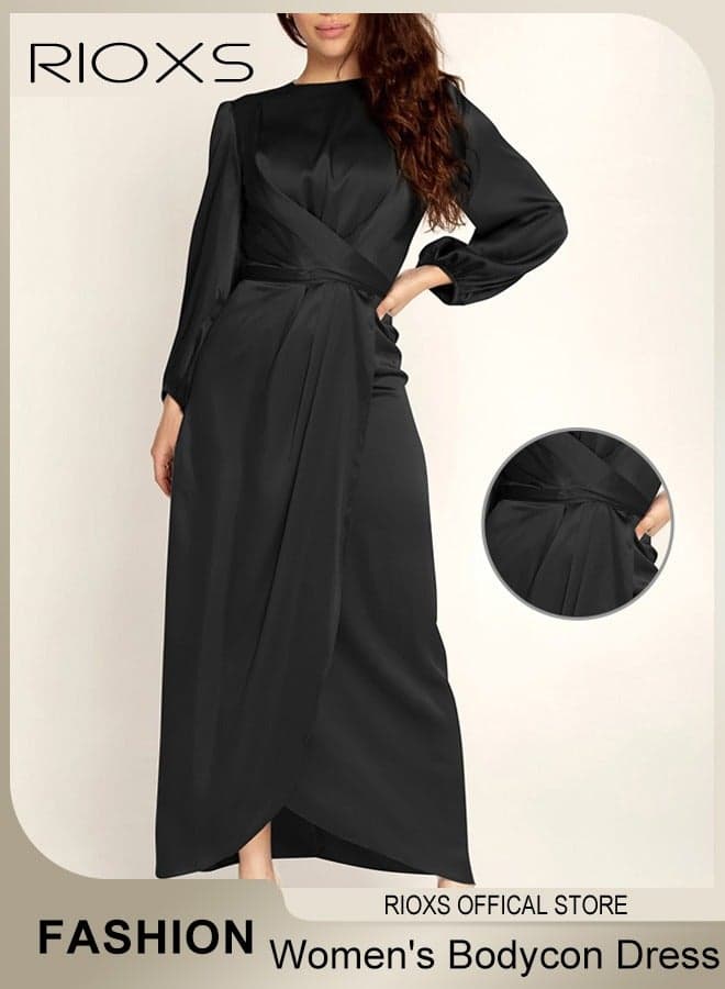Women's Satin Long Sleeve Maxi Dress, Classic Chic Round-neck Dress with Belt, Zipper on the Back, Fashionable Soft Flowy High Waist Long Dress,for Casual, Wedding, Party, Date and Daily Life, Black