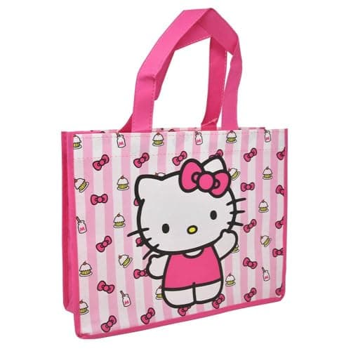 Fast Forward Hello Kitty Reusable Shopping Tote Bag, Pink Striped Pattern with Cupcake Design, Medium