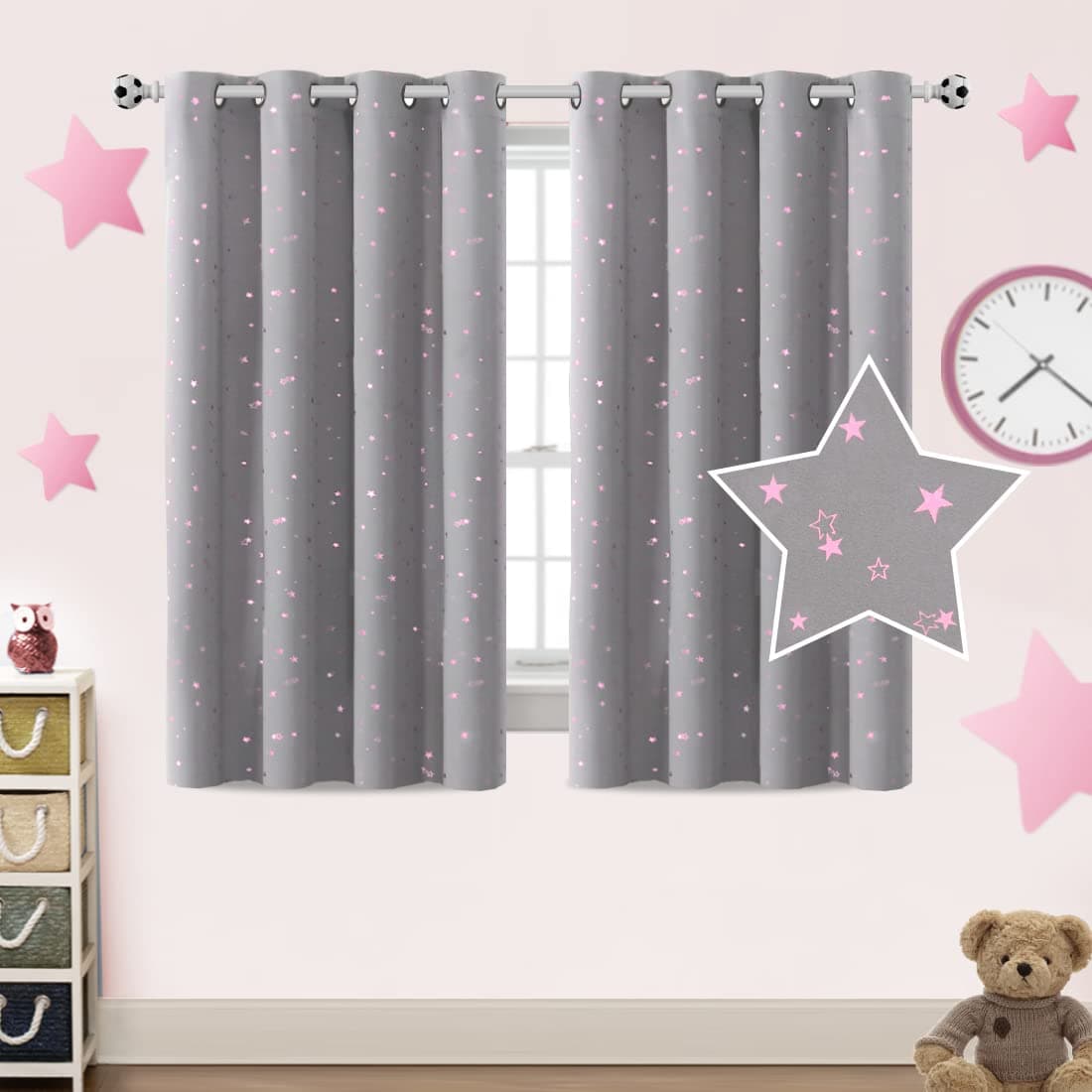 PrinceDeco Blackout Kids Curtains for Bedroom Thermal Insulated Pink Twinkle Star Curtains for Boys Girls Antique Grommet Top Window Treatment 2 Panels Drape for Nursery 52 W x 54 L GreyPink