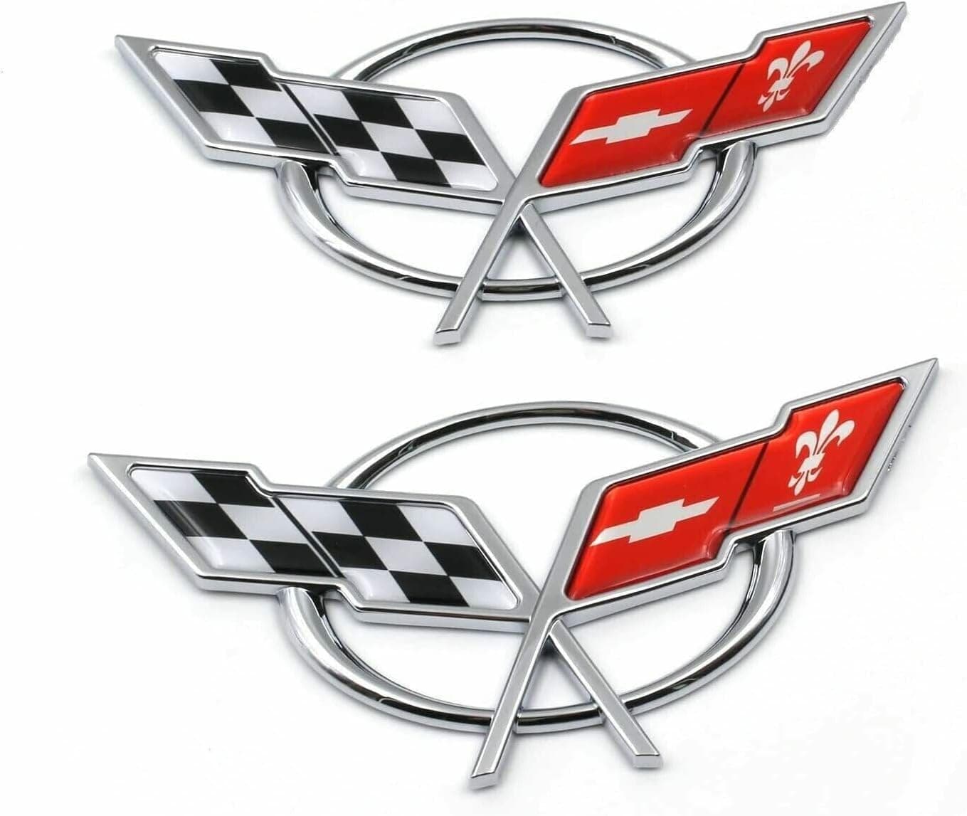 BETAM 2Pc 1997-2004 Corvette C5 Rear Emblem Deck Lid 3D Crossed Flags Badge Replacement (Chrome Red)